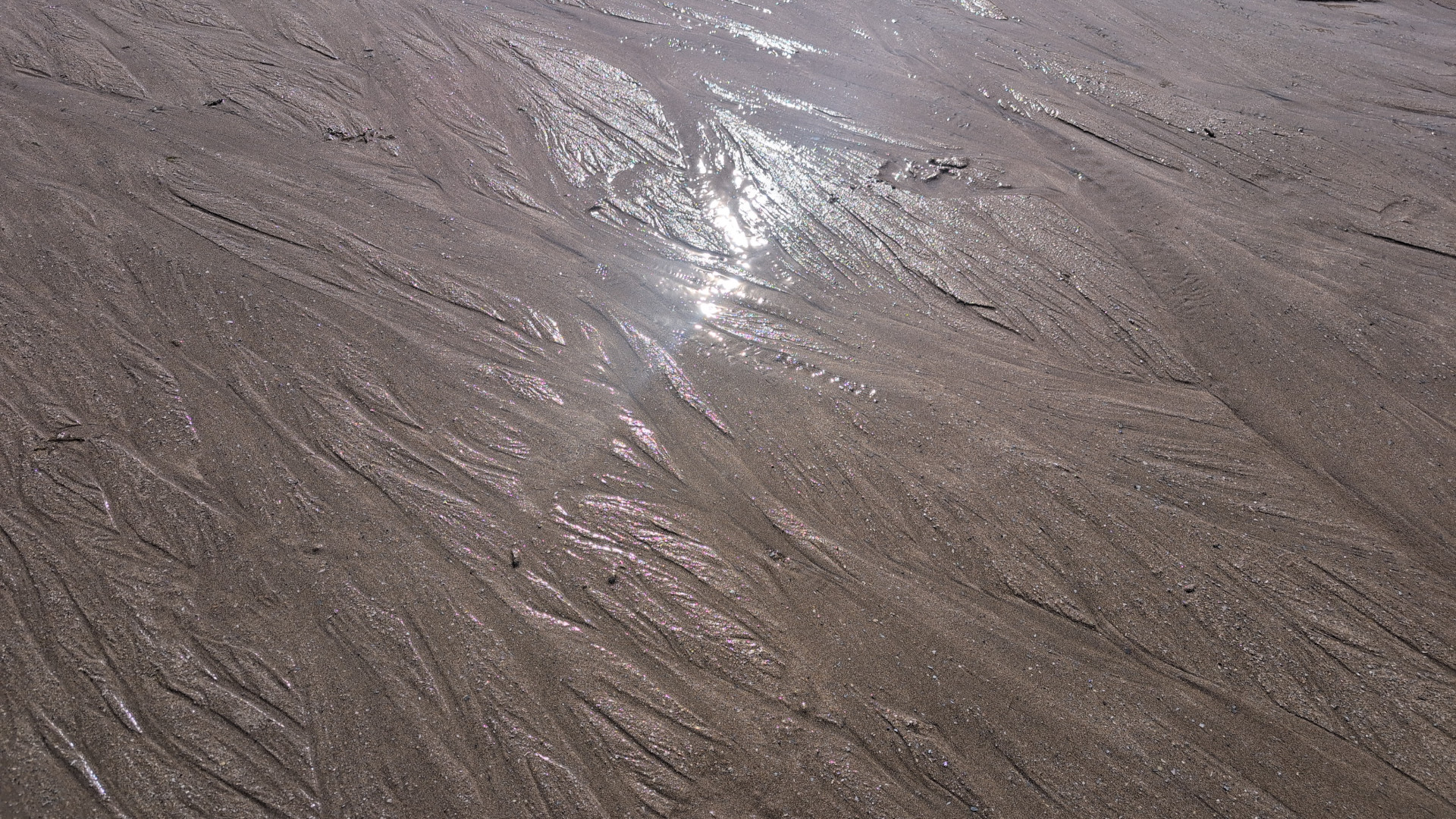 wet sand with retreating seawater running over it, creating ripples and reflecting the sunlight